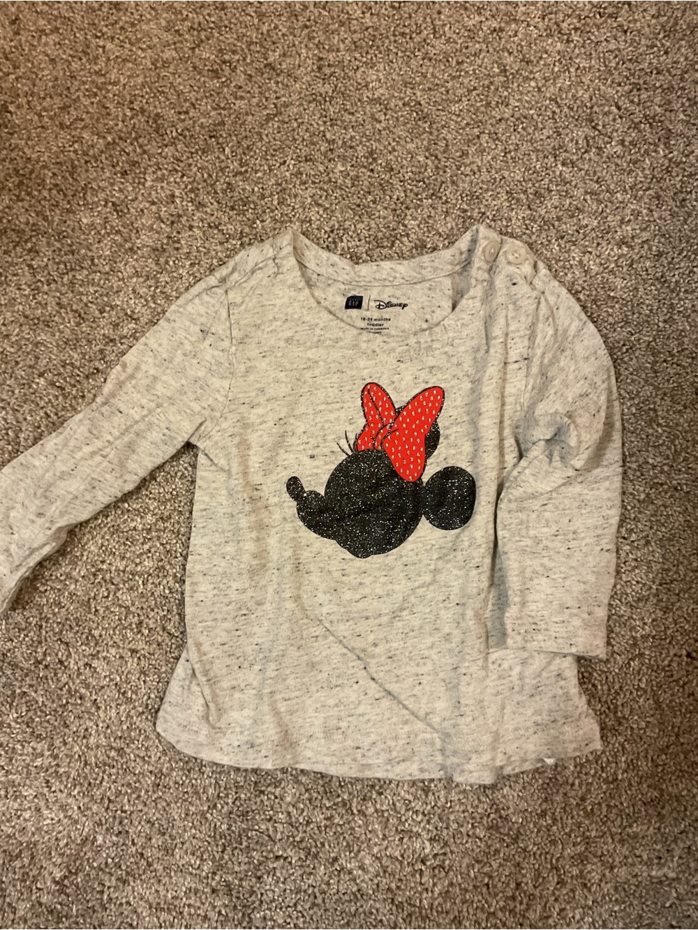 GAP Gray Long Sleeve Tee with Minnie Glitter Silhouette and Red Bow